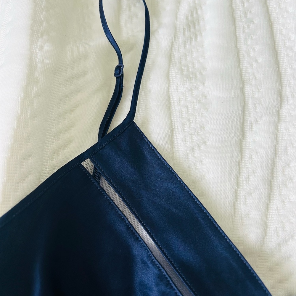 Elegant Navy Blue Slip Dress with Lace Trim French 100% silk - Picture 5 of 7